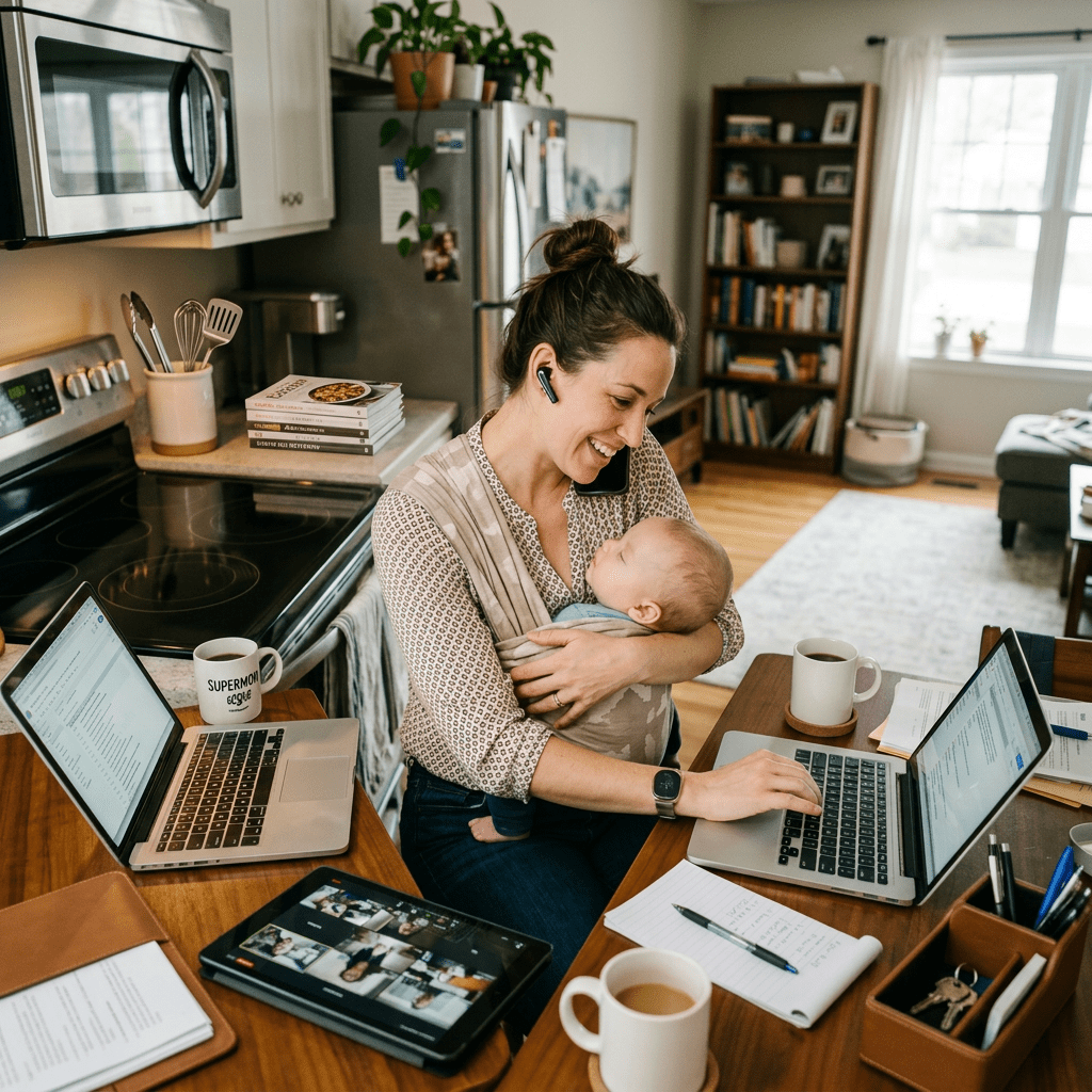 Mom cooking at stove, holding baby, working on laptop, multitasking in kitchen.